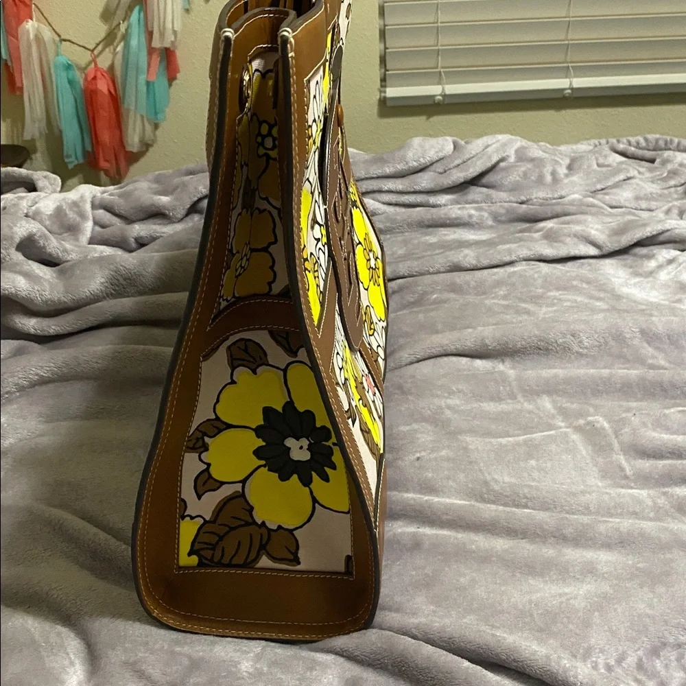 Tory Burch Brown Leather Trim Floral Tote with Yellow, White & Black Accents